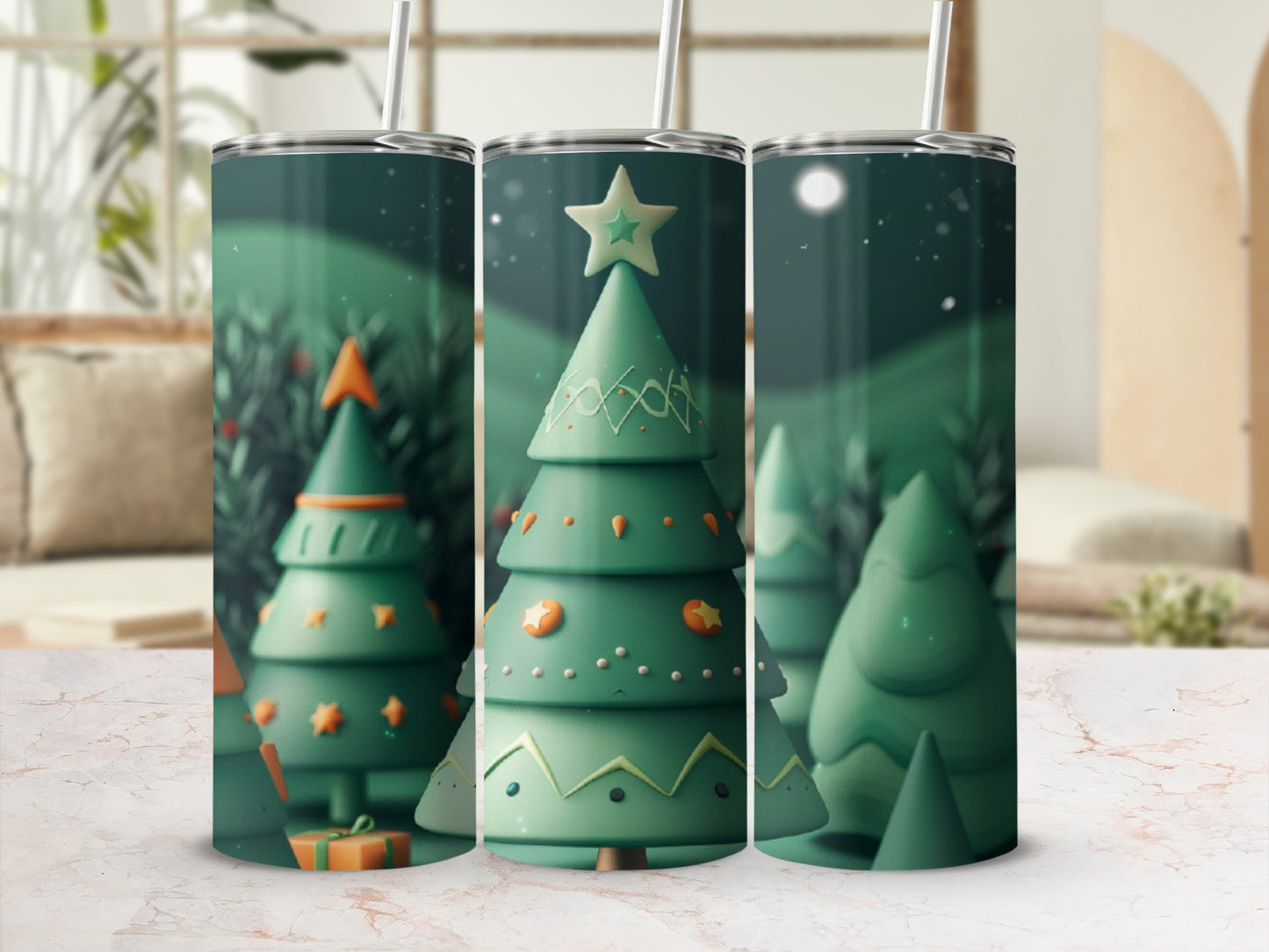 Christmas trees with star toppers and decorations on a tumbler.