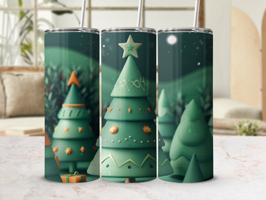 Christmas trees with star toppers and decorations on a tumbler.