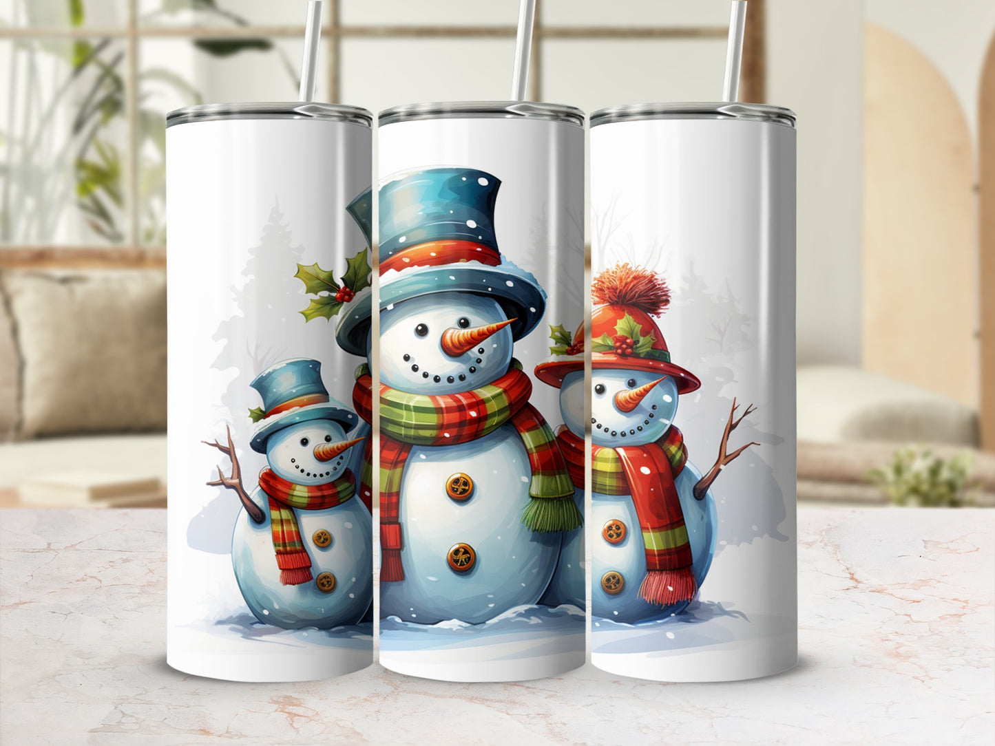 Three snowmen in festive scarves and hats with drinking straws, standing in snow.