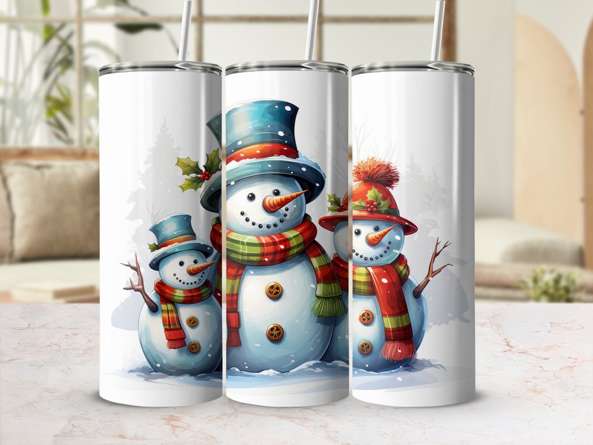 Three snowmen in festive scarves and hats with drinking straws, standing in snow.