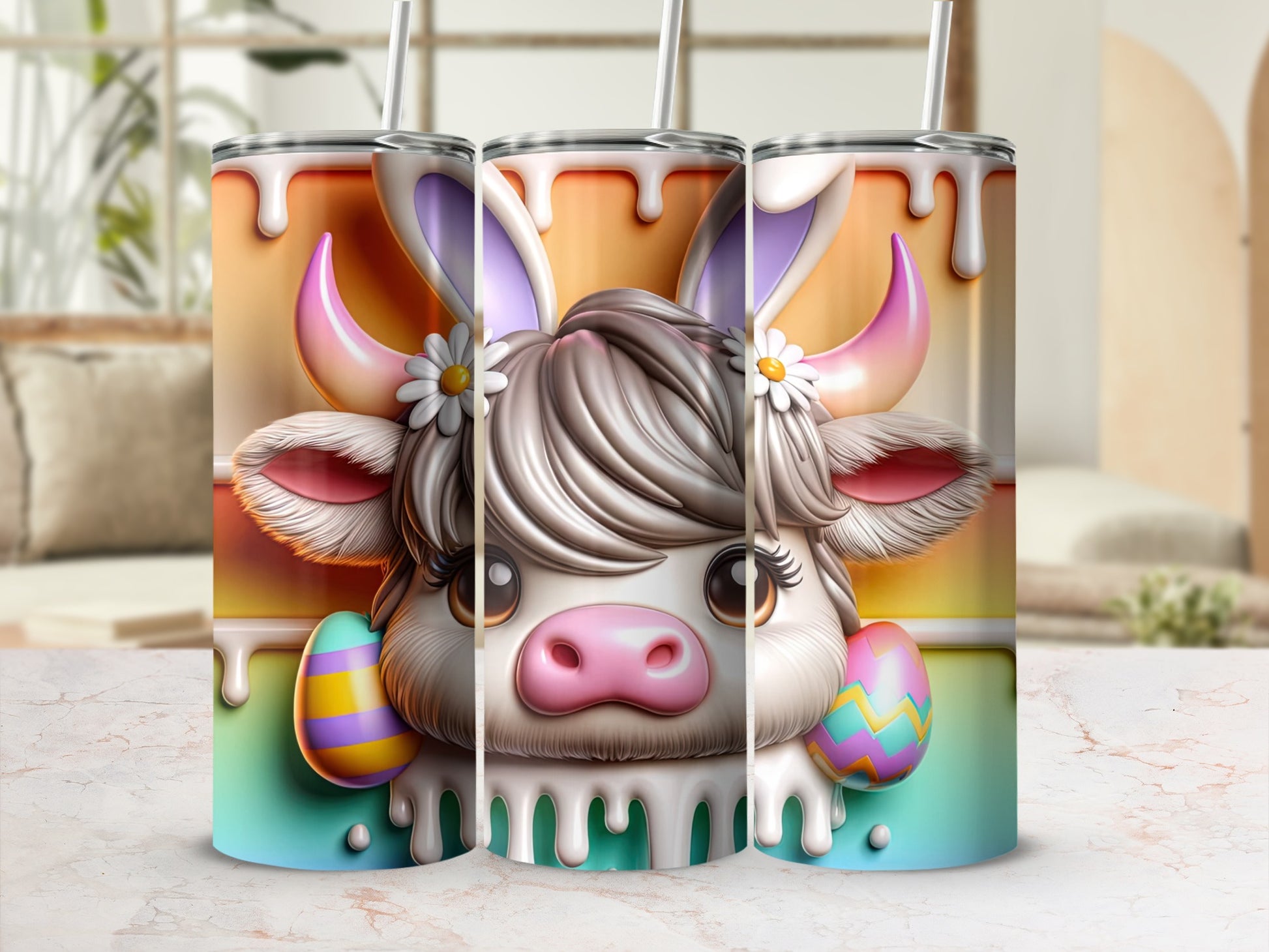 Cute cow with bunny ears and Easter eggs, set of three tumblers.