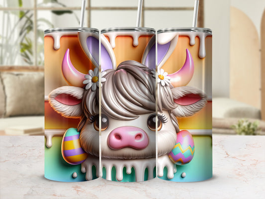 Cute cow with bunny ears and Easter eggs, set of three tumblers.