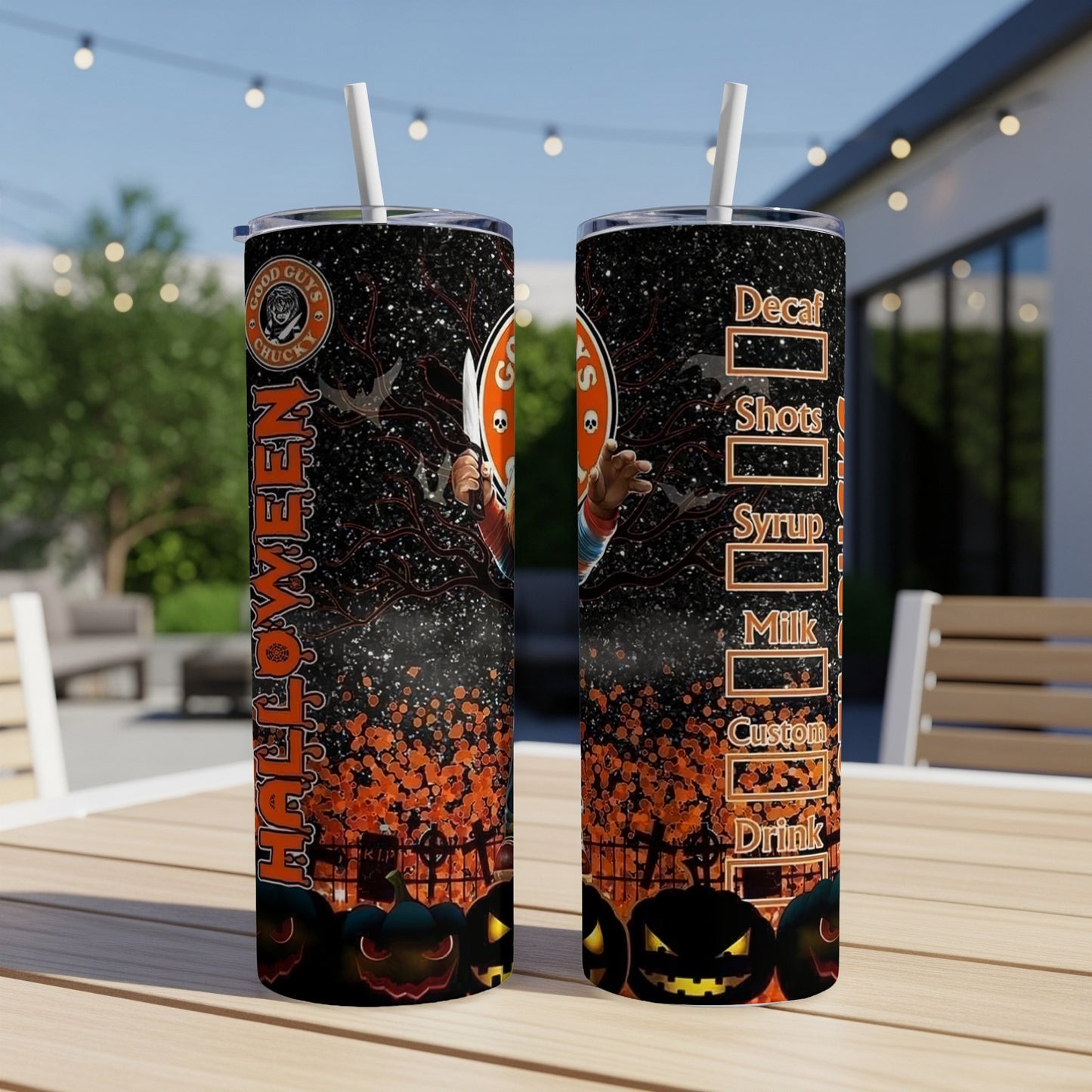 Halloween tumbler with pumpkins, Chucky graphics, and coffee drink labels.