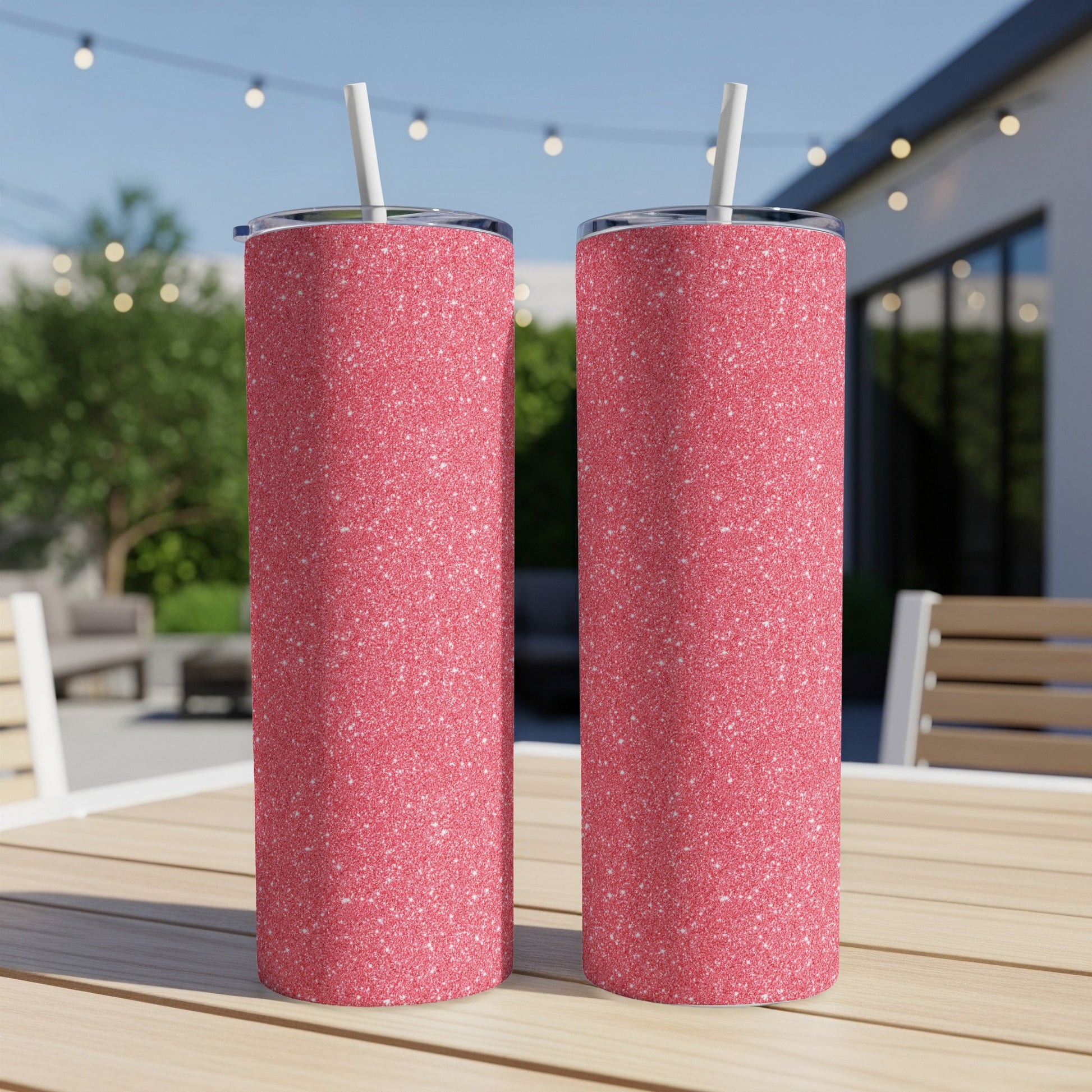 Two pink glitter tumblers with white straws sit on a wooden table.