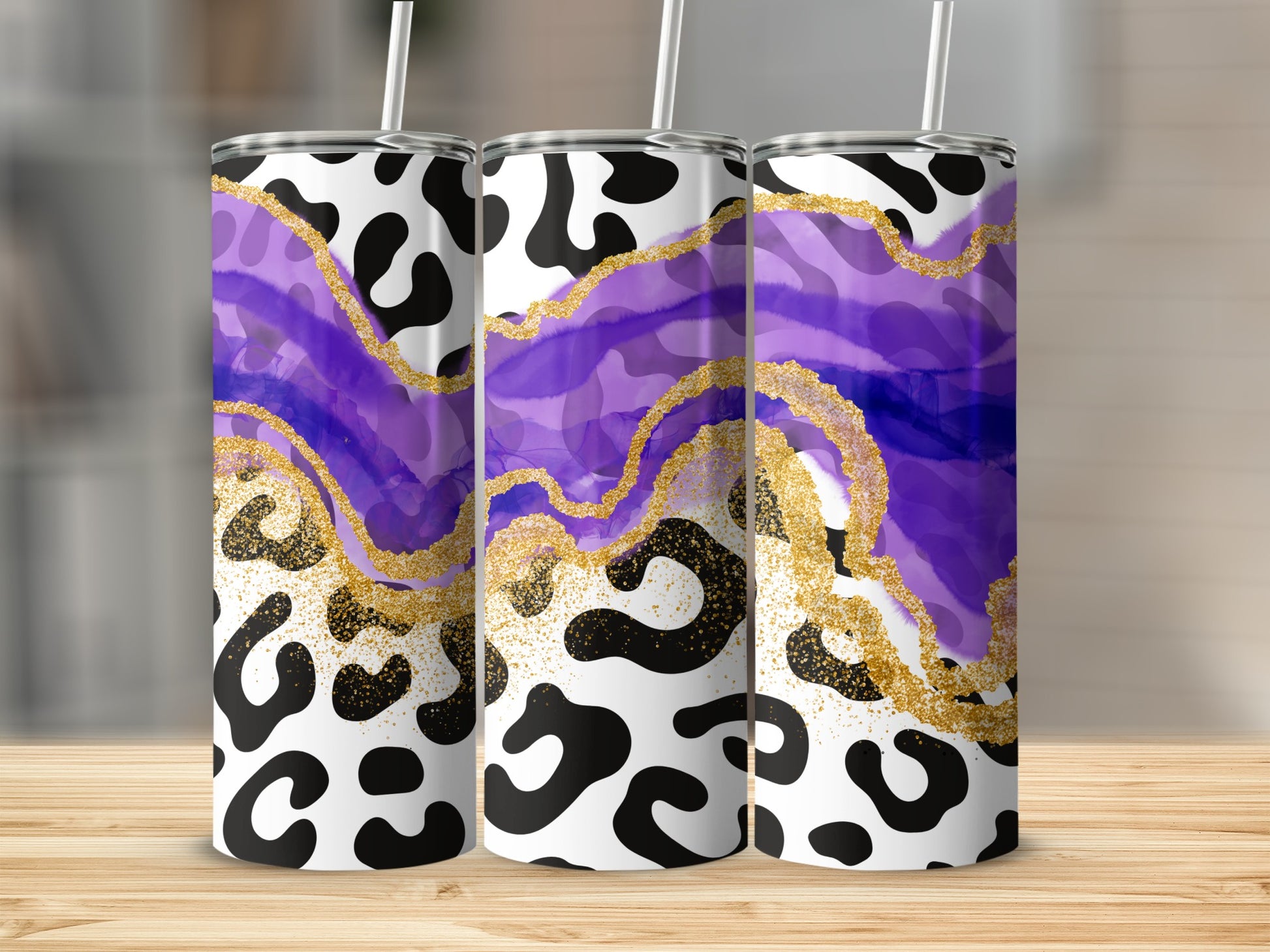 Abstract Purple Gold Black White Leopard Tumbler