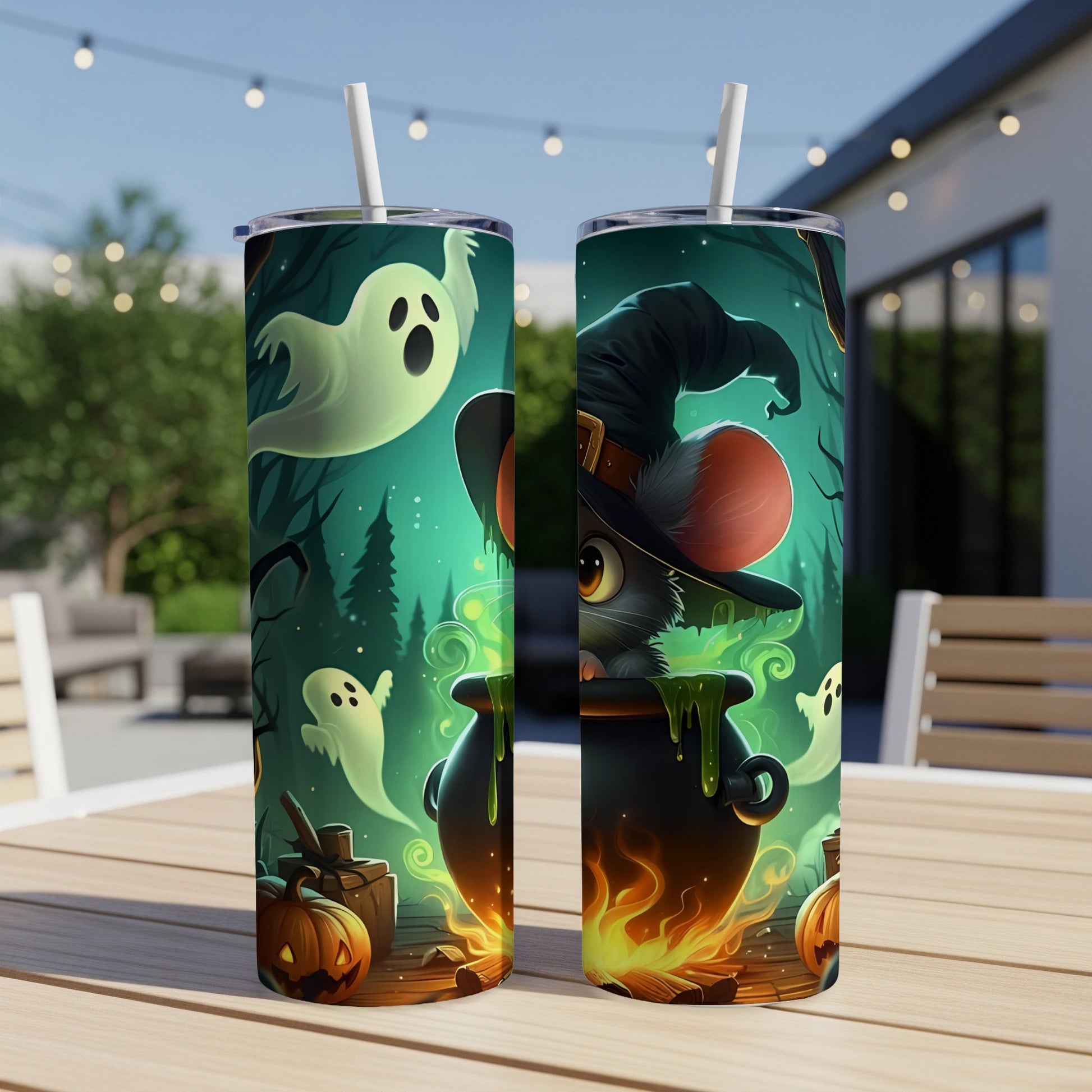 Halloween tumblers with a witch mouse, cauldron, ghosts, and pumpkins.