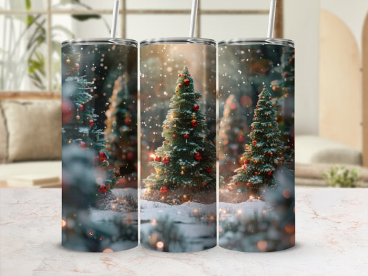 Three festive tumblers with a snowy Christmas tree design.