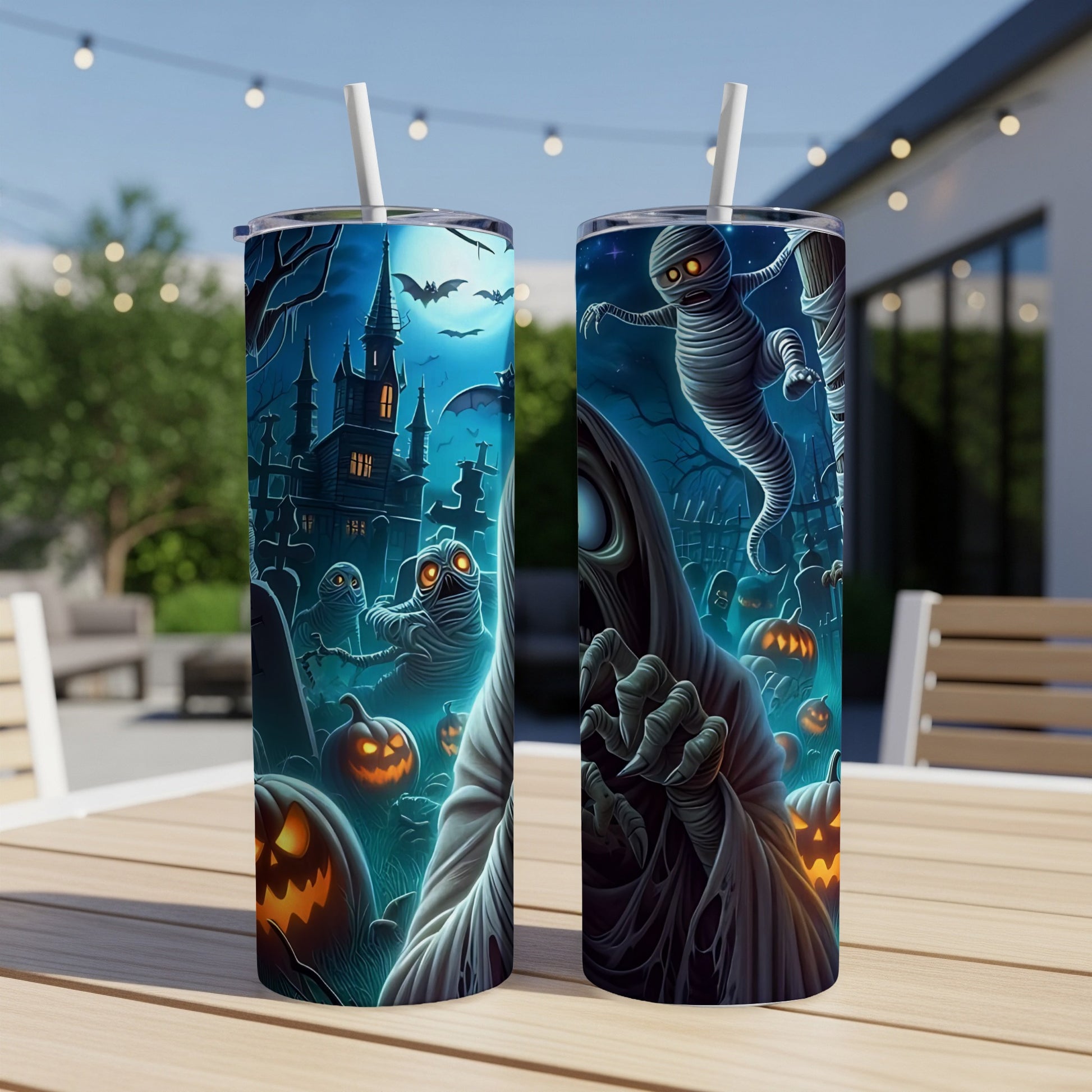 Two tumblers with a spooky Halloween graveyard, haunted castle, mummies, and jack-o'-lanterns design.