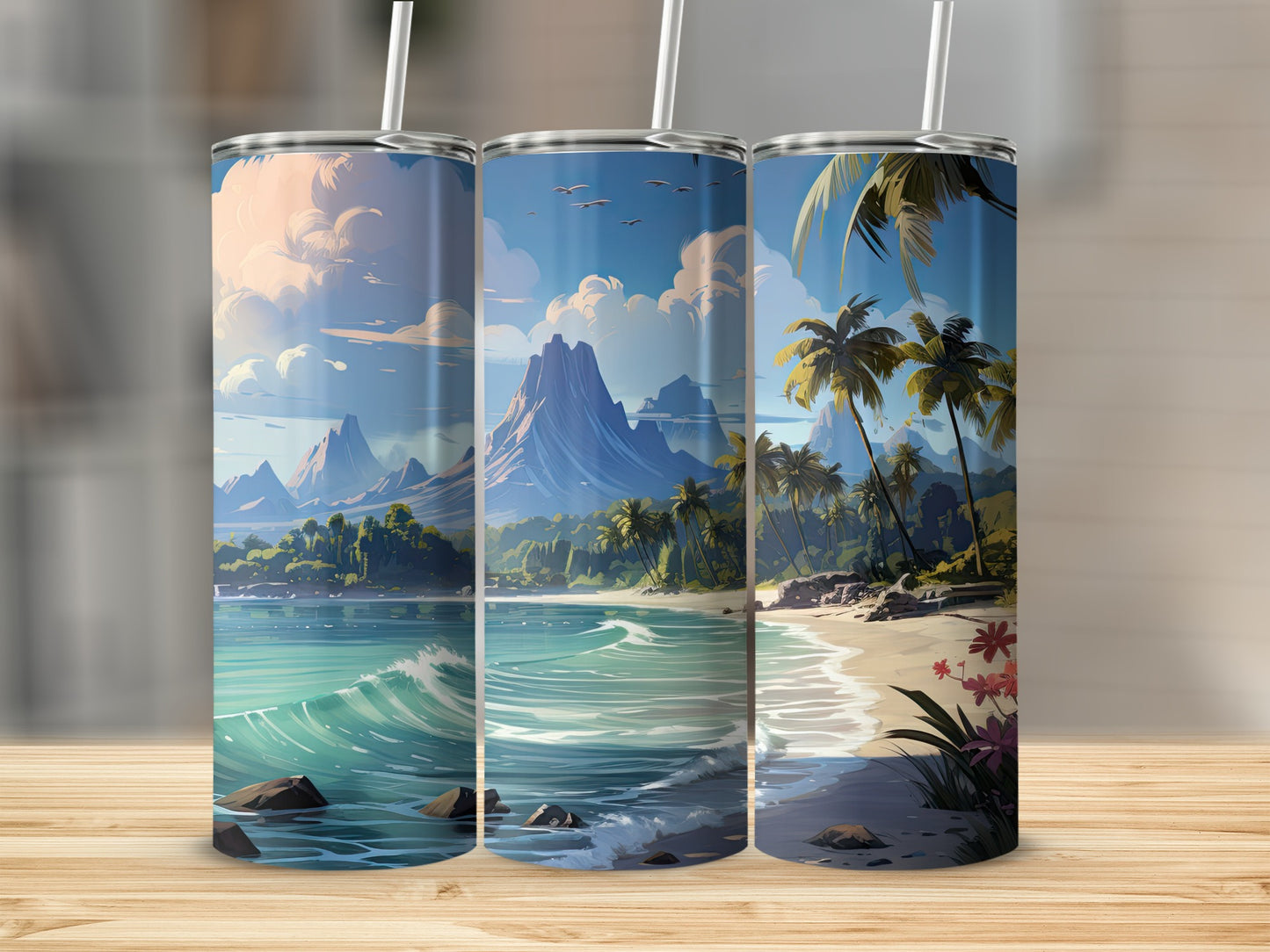 Scenic Tropical Beach and Mountain Design Tumblers