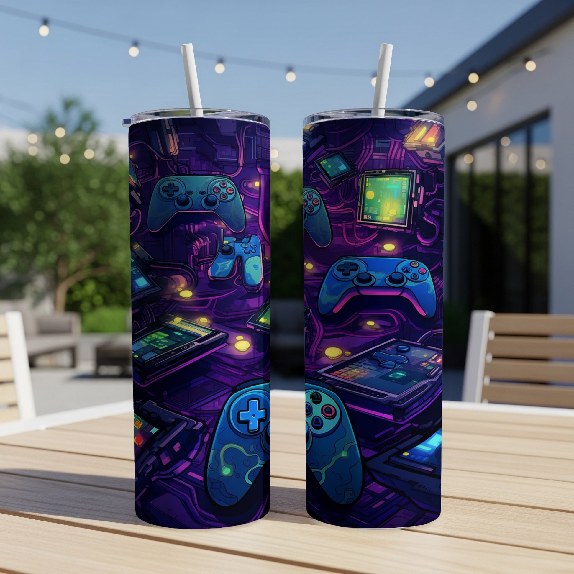 Two tumblers with a dark purple, neon-lit gaming controller and screen pattern.