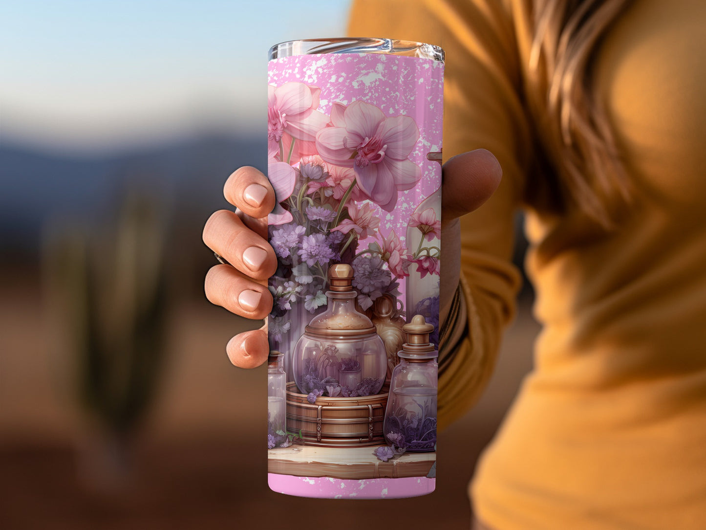 Pink Floral Magic Potion Print Tumbler Travel Mug