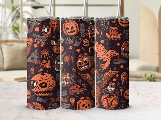 Tumbler with a Halloween pattern featuring pumpkins, ghosts, bats, and skulls.