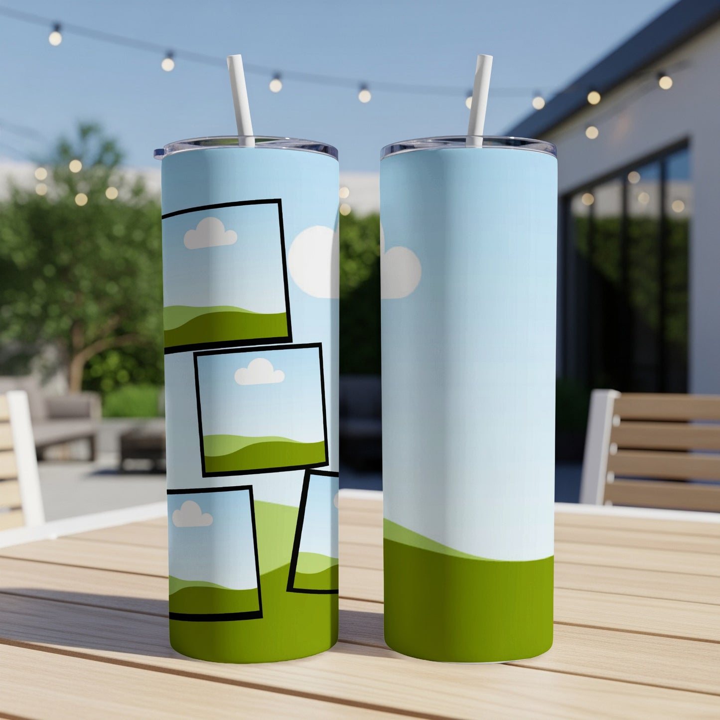Two tumblers on a wooden table, one with stacked photo frames, the other blank.