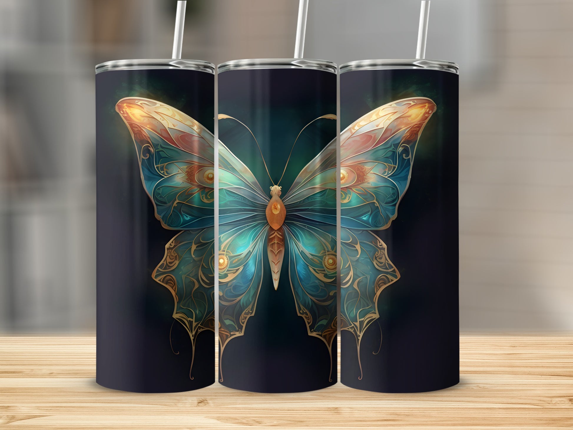 Tumbler with iridescent butterfly design on dark background.