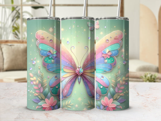 Green tumbler with pastel butterfly and floral design.