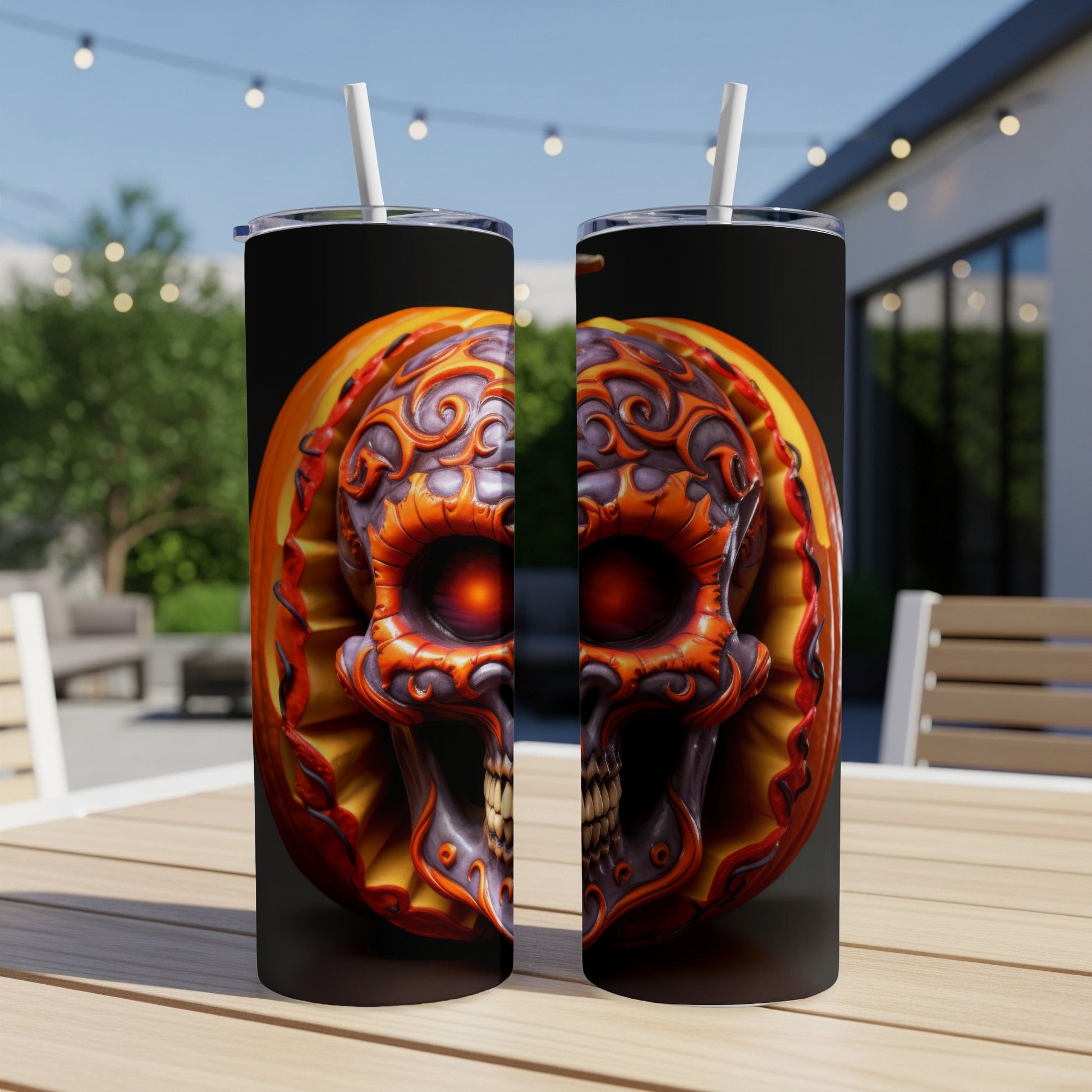 Two tumblers with a skull carved into a pumpkin design.