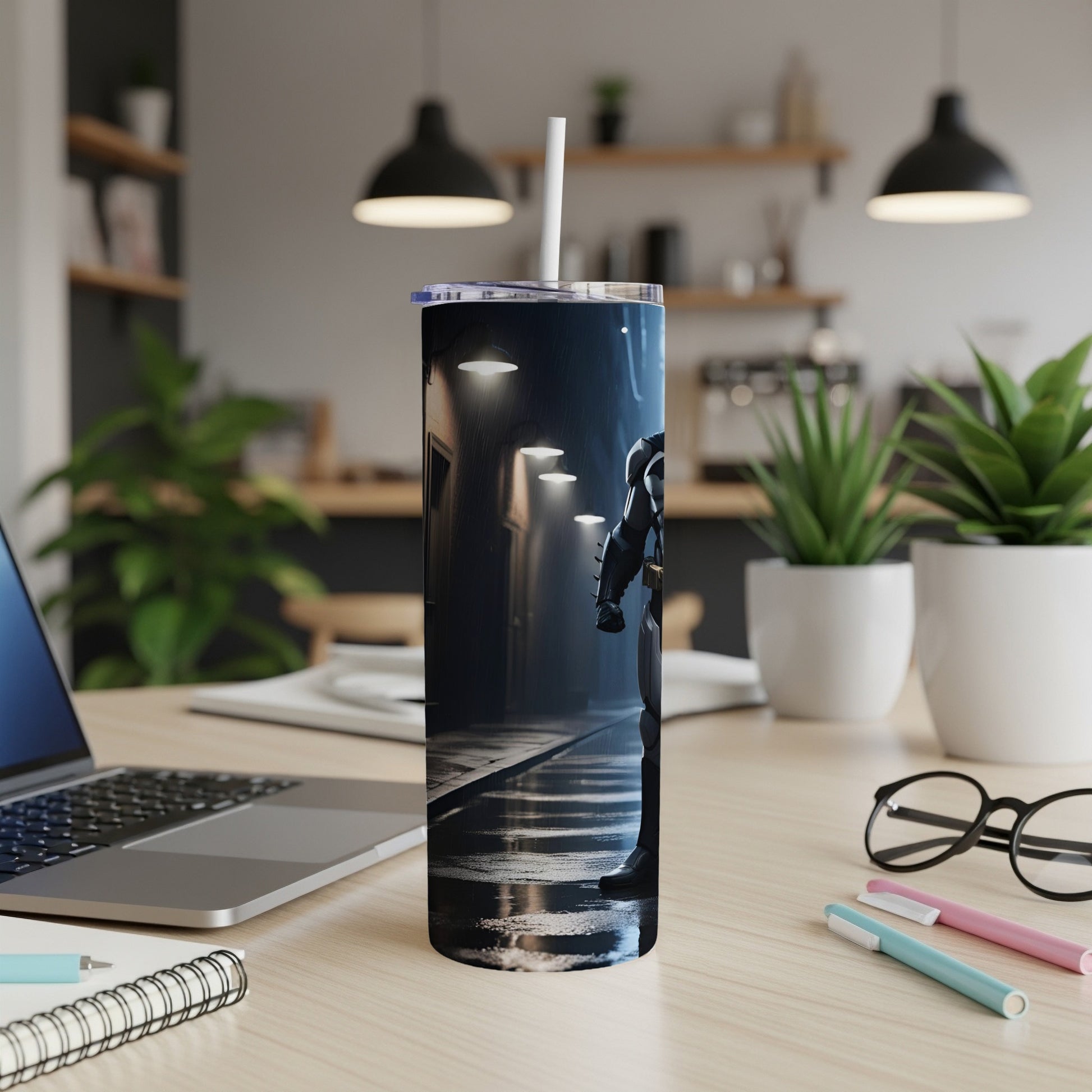 Dark knight tumbler with city street at night design.