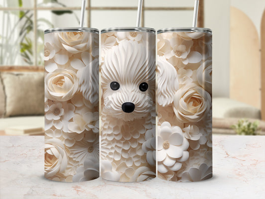 White Shih Tzu dog with floral background on three tumblers.