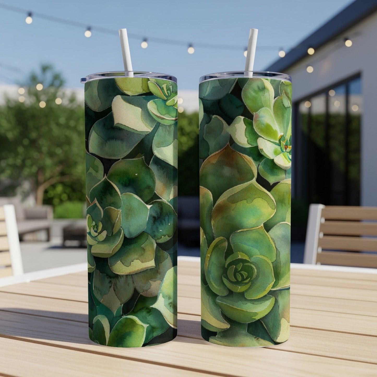 Two tumblers with a green succulent plant watercolor pattern.