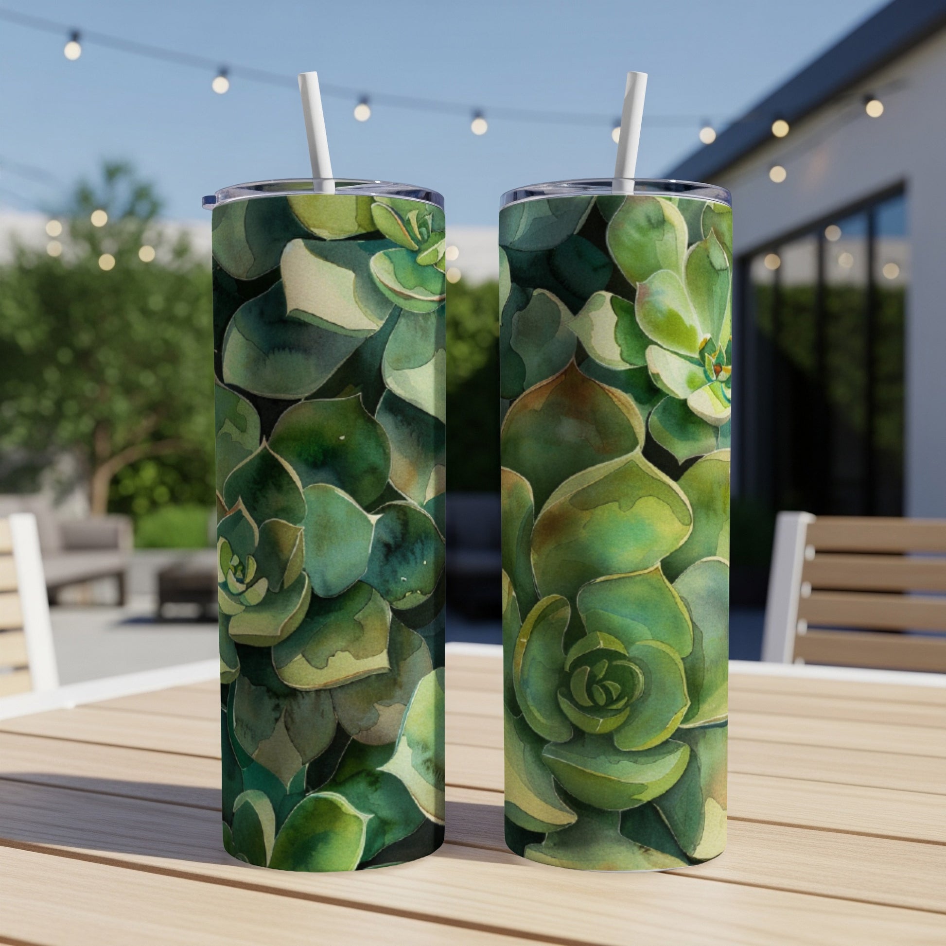 Two tumblers with a green succulent plant watercolor pattern.