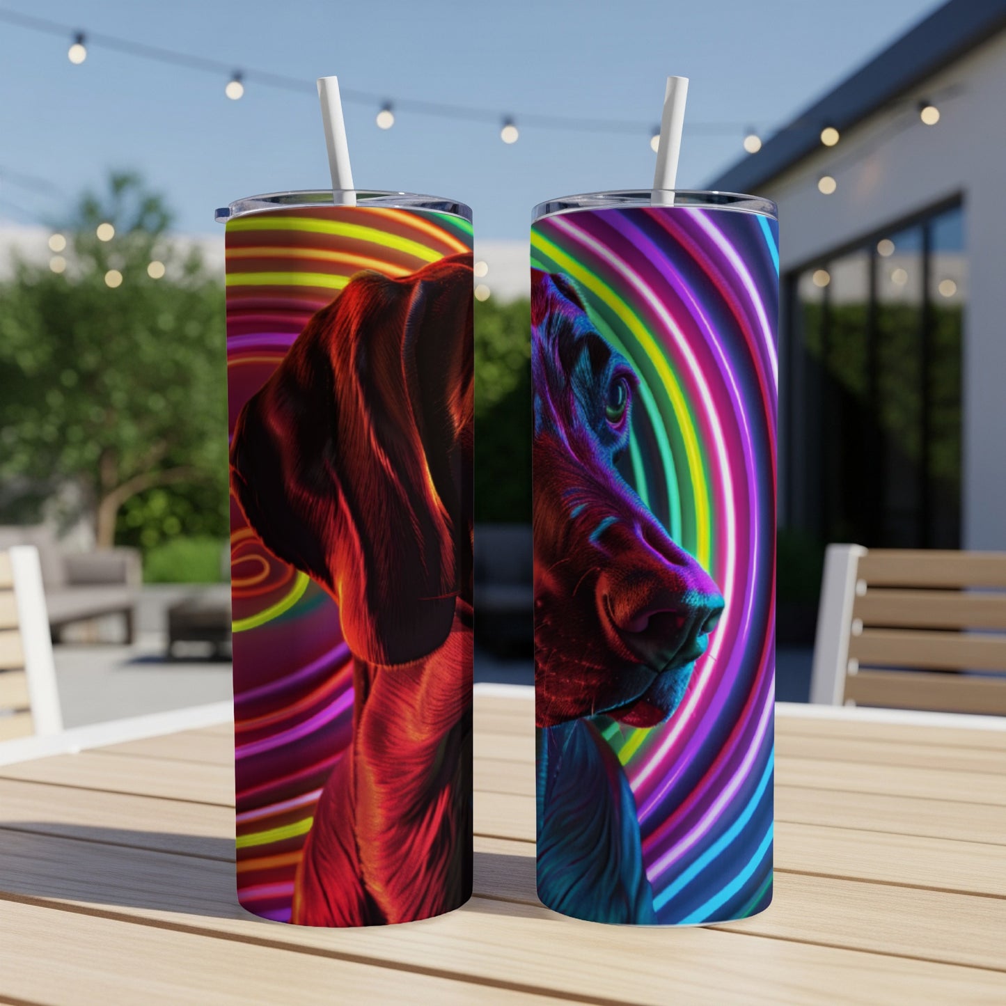Two tumblers featuring a dog's head against a vibrant neon swirl background.