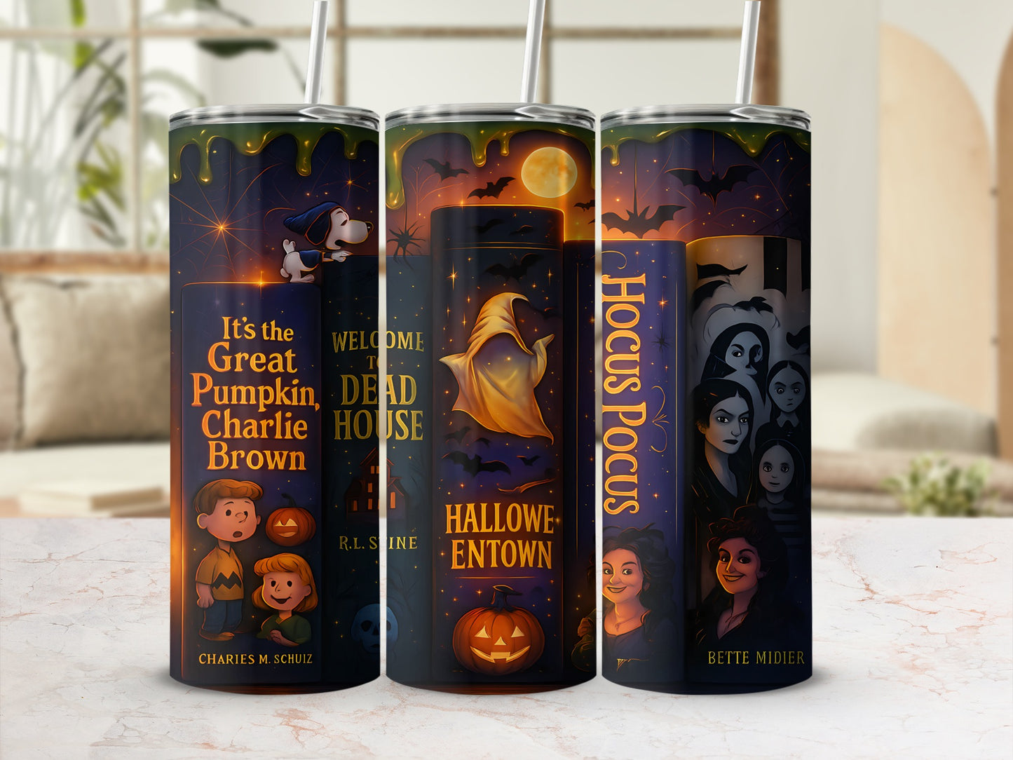 Three tumblers with Halloween designs: Snoopy, Charlie Brown, and Hocus Pocus witches.
