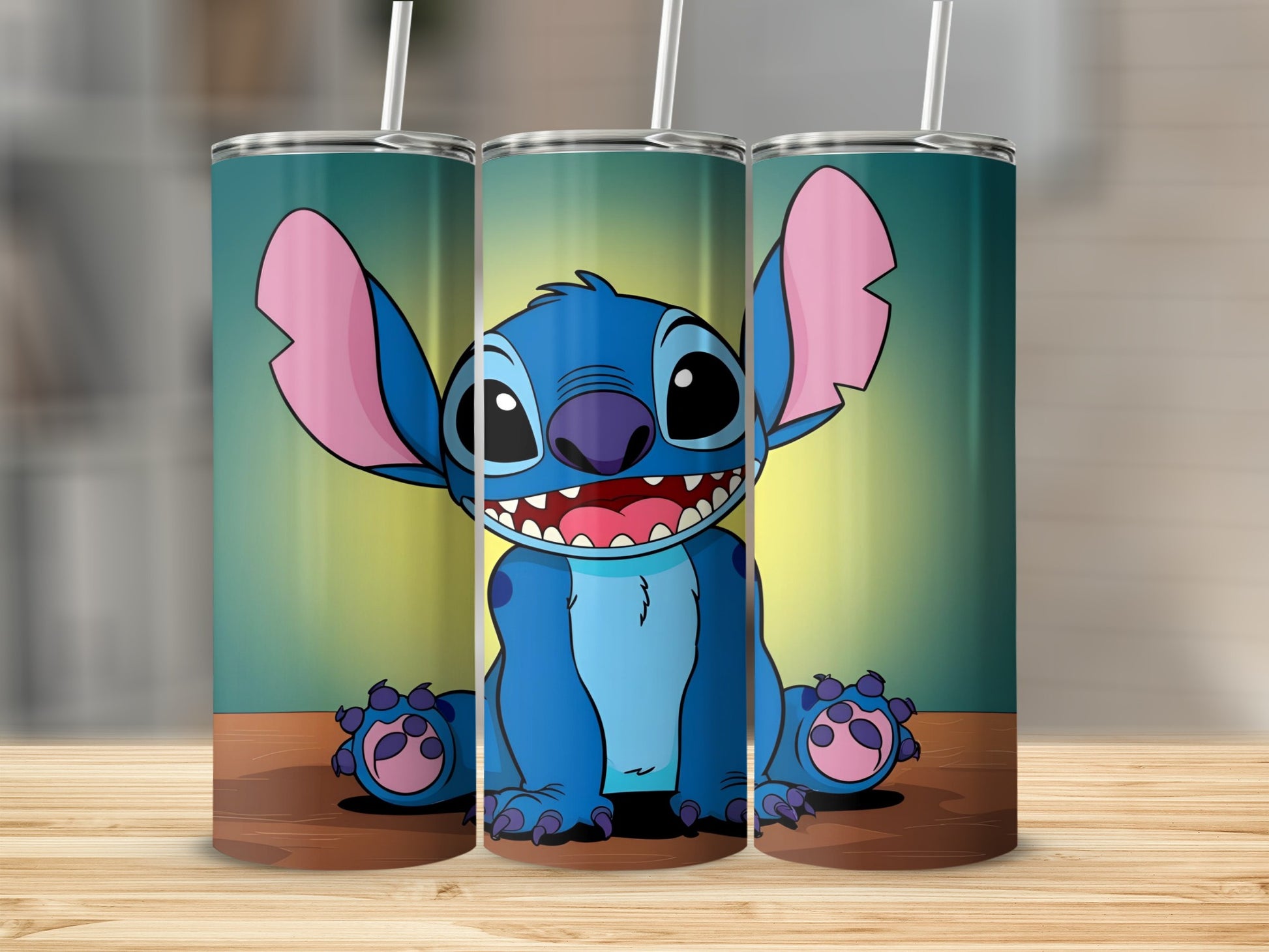 Blue cartoon character Stitch sitting with a wide smile.