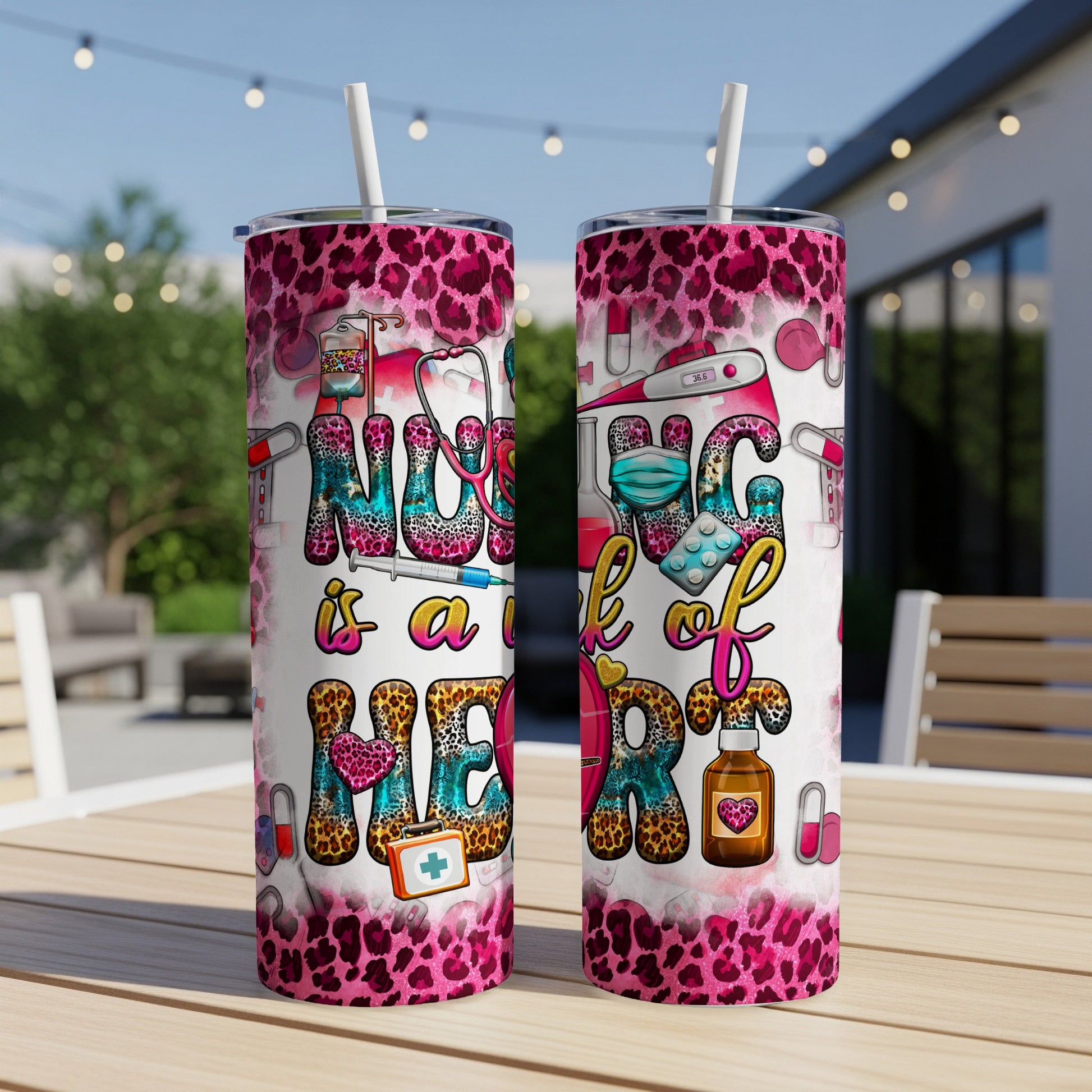 Two nurse-themed tumblers with "Nurse is a Hero" text and medical icons.