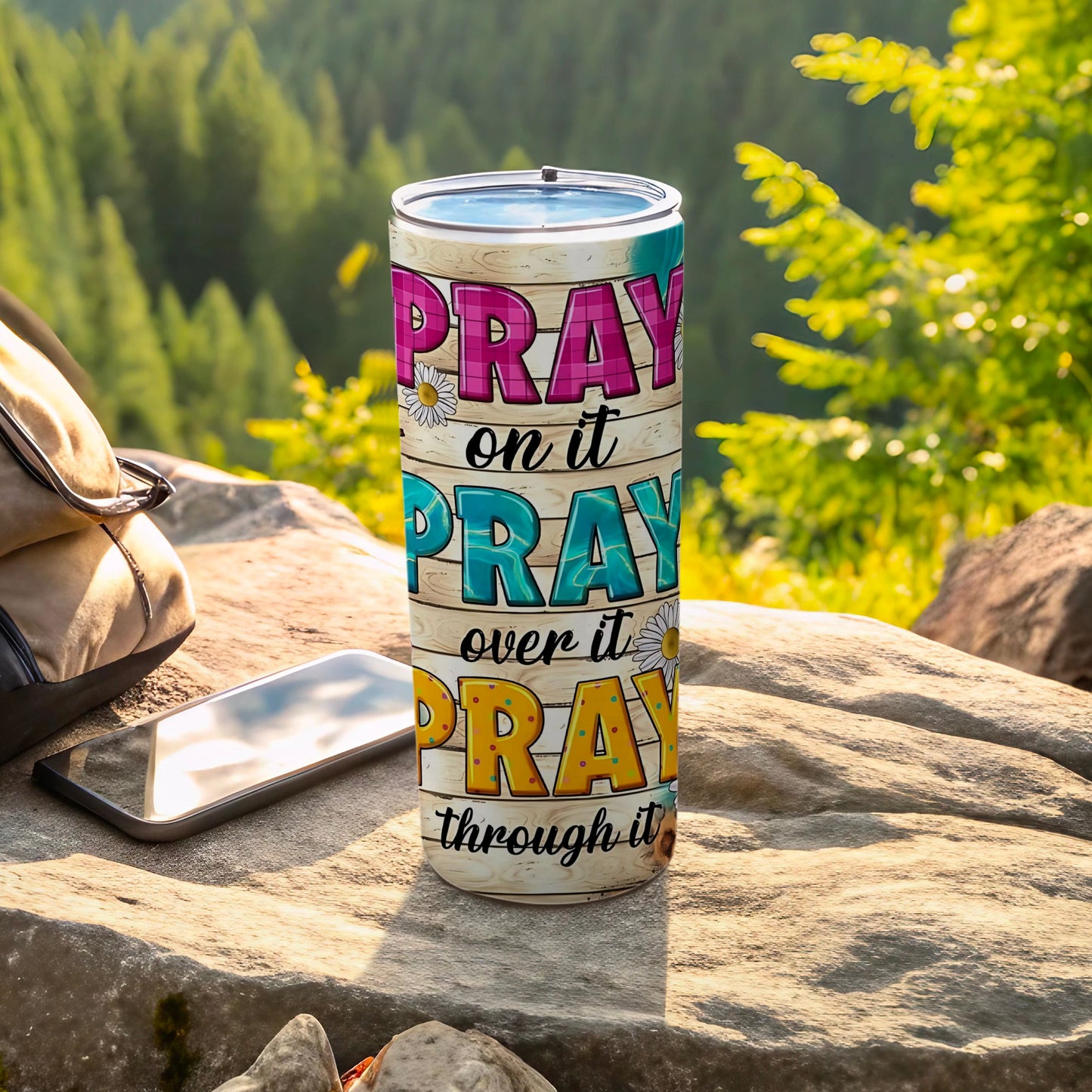 Colorful Pray On It Over It Through It Tumbler