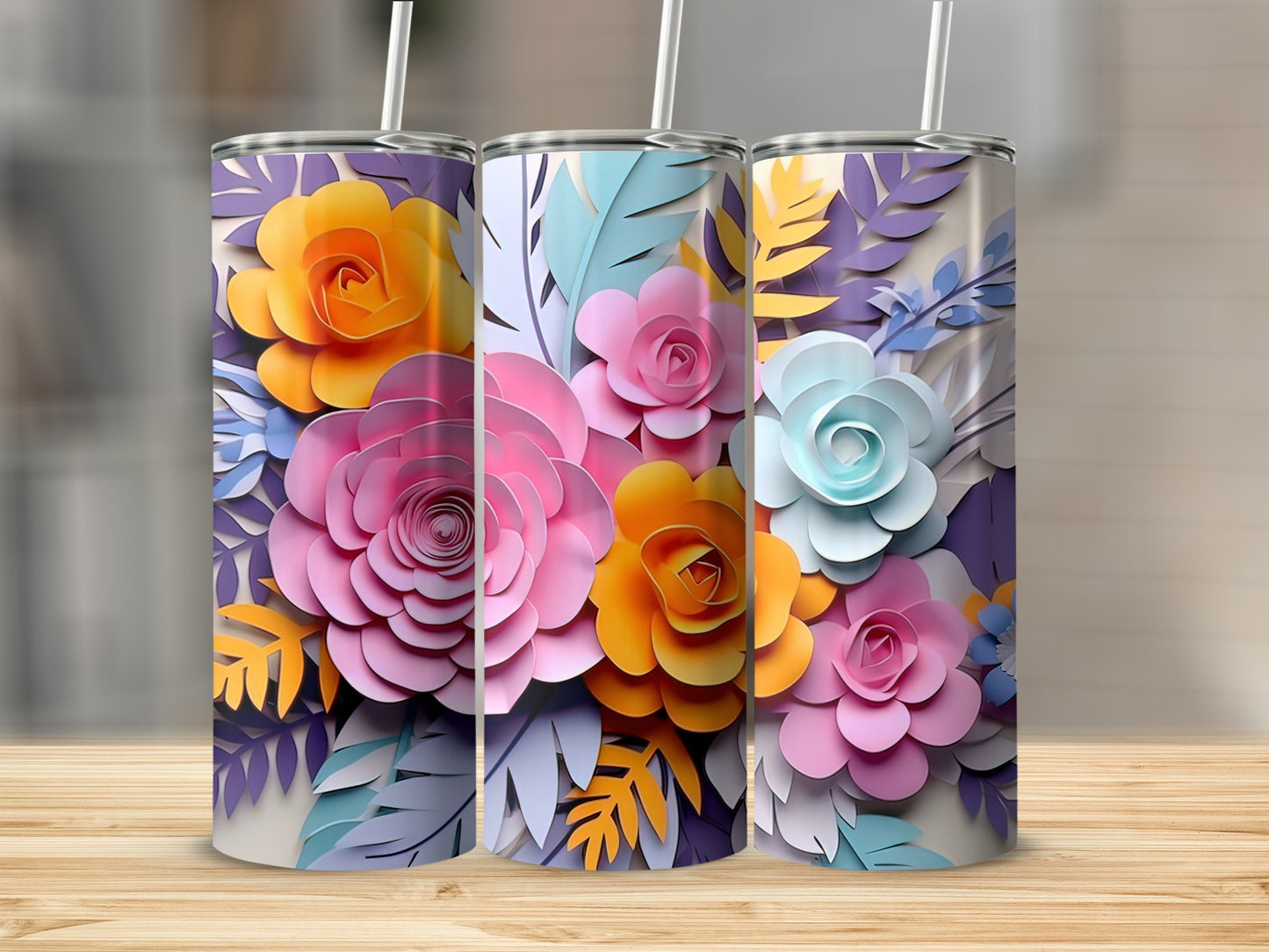 Vibrant Floral Print Tumbler with Colorful 3D Flowers