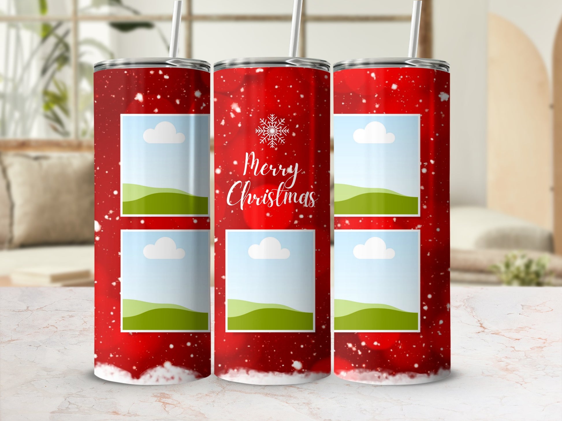 Red tumblers with snowflakes and "Merry Christmas" text, two image placeholders each.