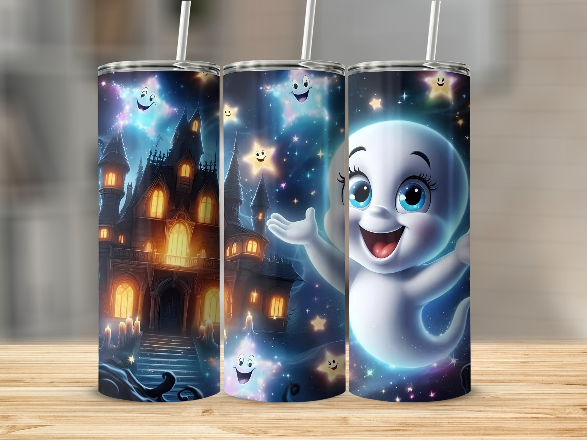 Casper the Friendly Ghost tumbler with spooky castle and smiling stars.
