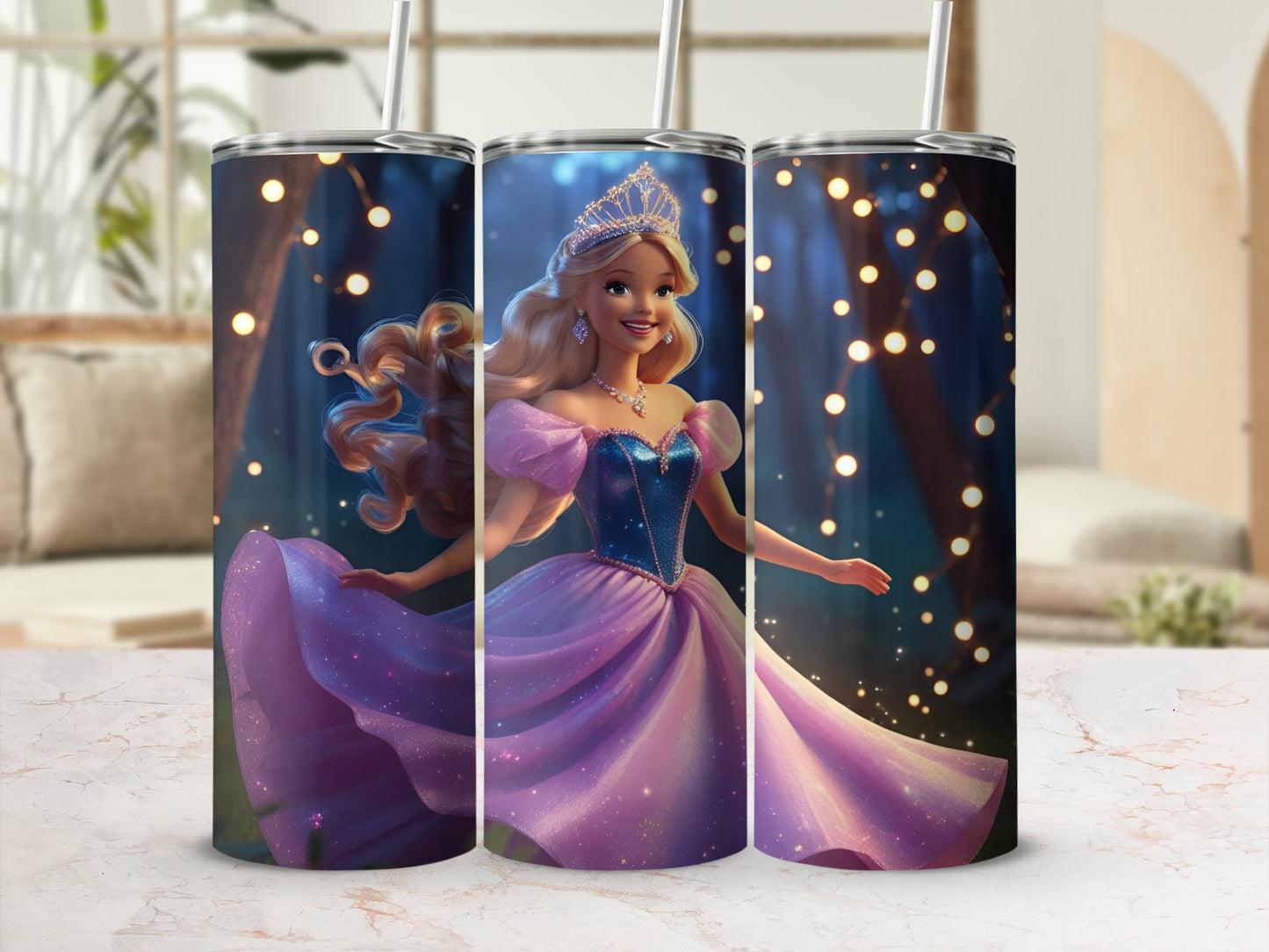 Princess Barbie in a shimmering pink gown against a bokeh fairy light forest background.