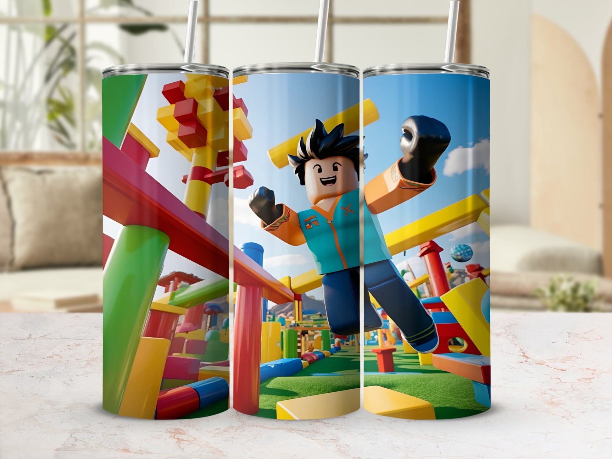 Roblox character in vibrant, colorful virtual world, jumping with excitement.