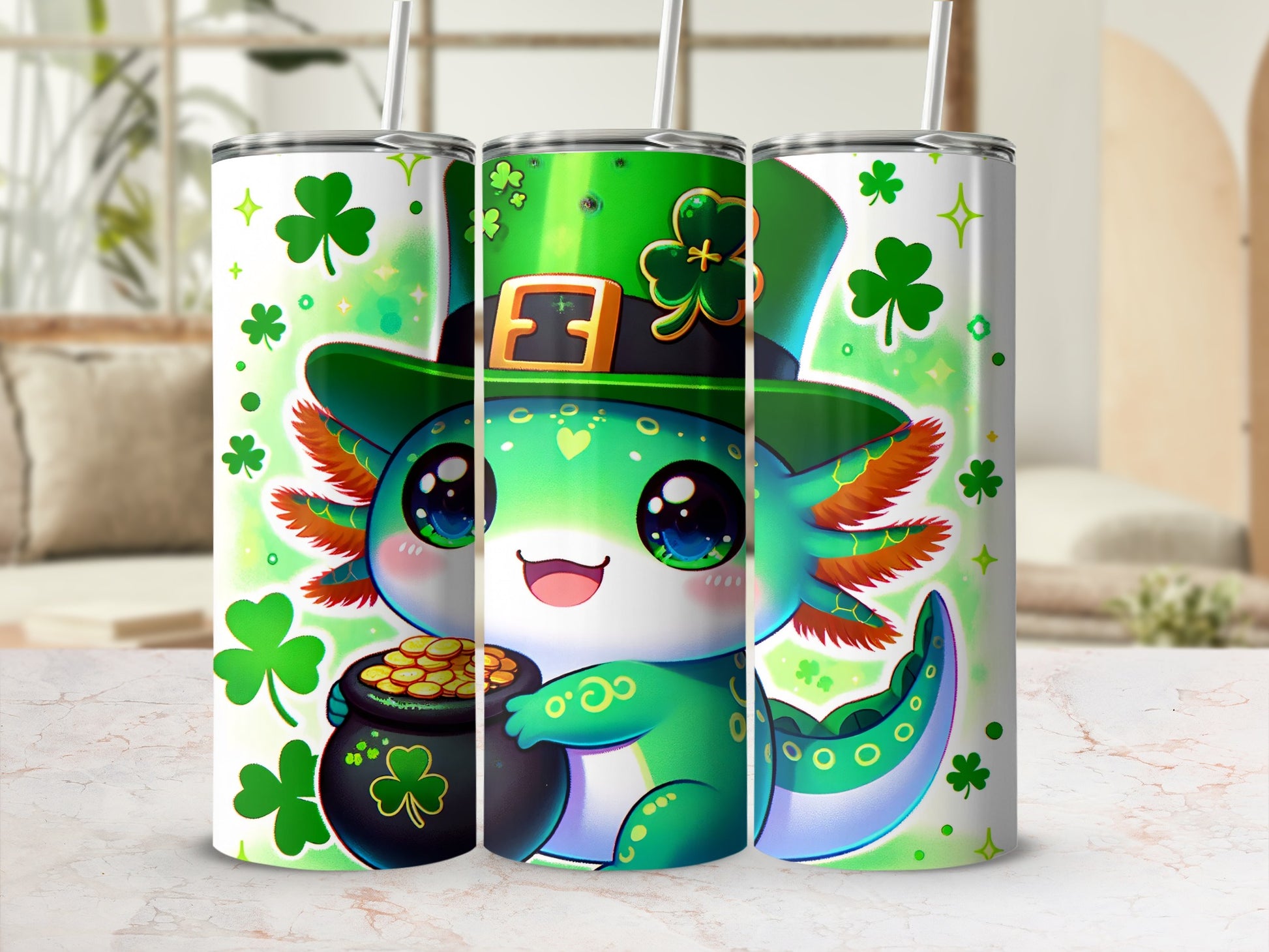 Cute axolotl in a leprechaun hat holding a pot of gold.