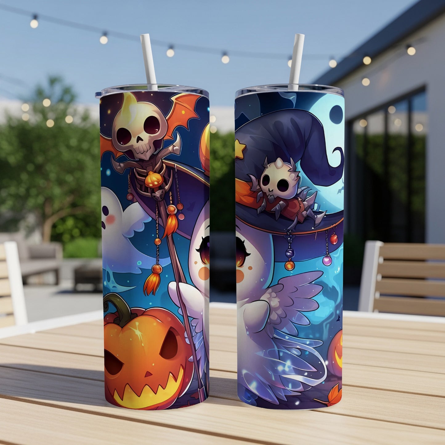 Two tumblers featuring Halloween characters: a skeleton with bat wings and a witch owl.
