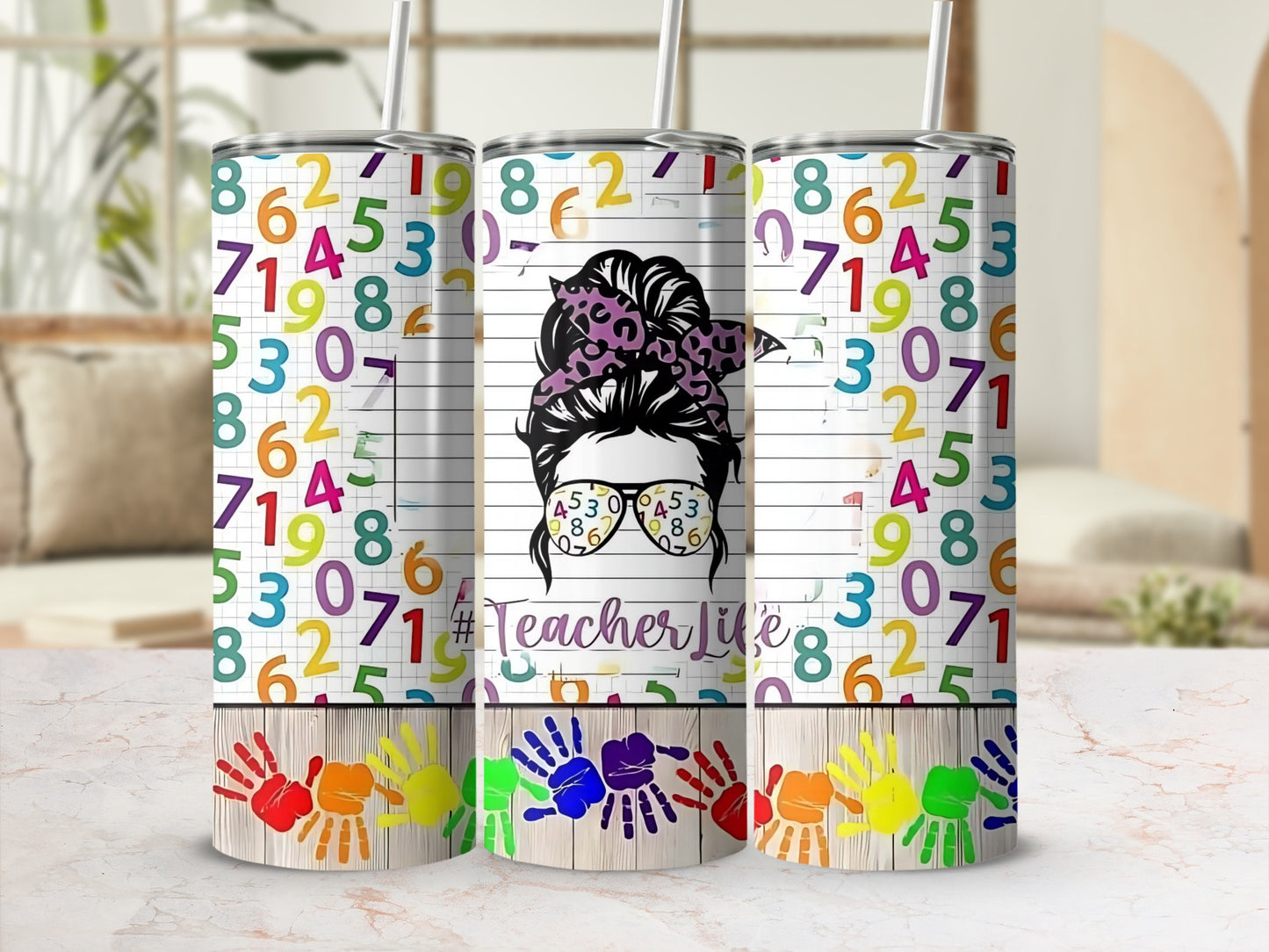 Teacher Life Colorful Numbers Handprints Tumbler Cup