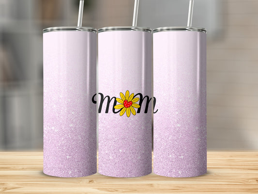 Pink glitter tumbler with "Mom" and a yellow flower design.