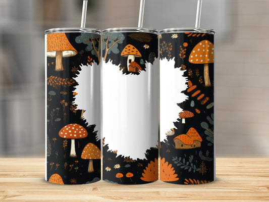 Three tumblers with an orange mushroom and fall leaf pattern.