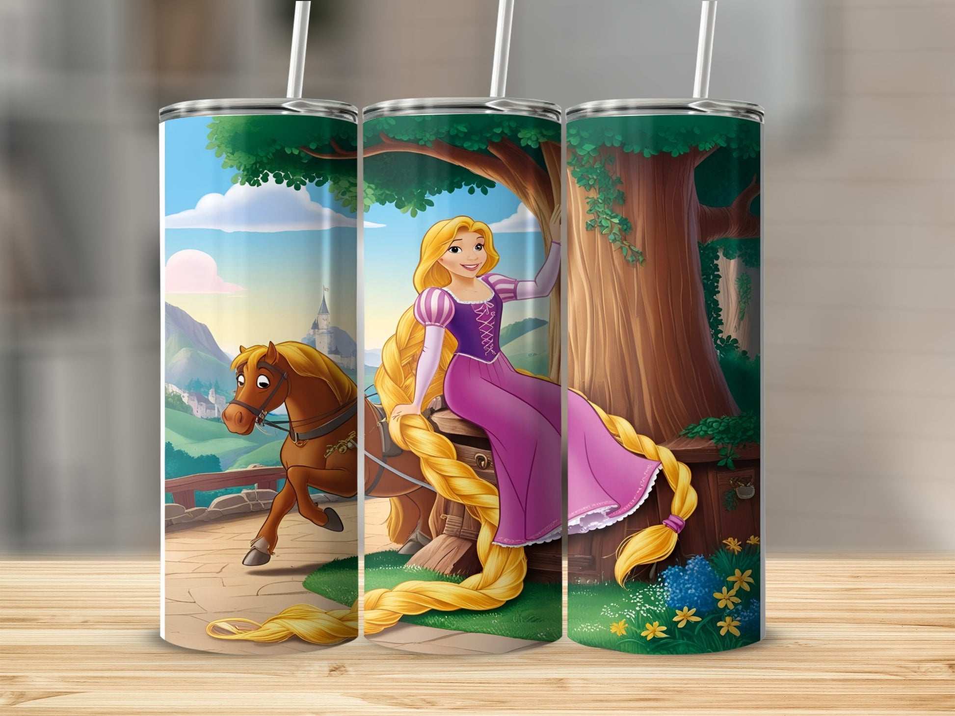 Rapunzel with long blonde hair sitting on a horse, fairytale forest background.