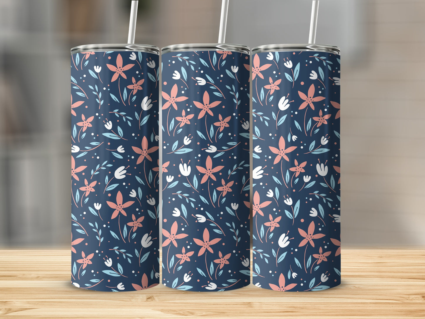 Blue Floral Patterned Tall Drinkware Tumbler