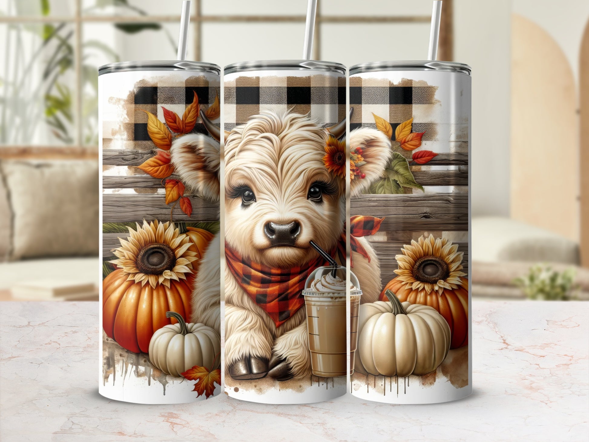 Cow with pumpkins and sunflowers on a checkered background.
