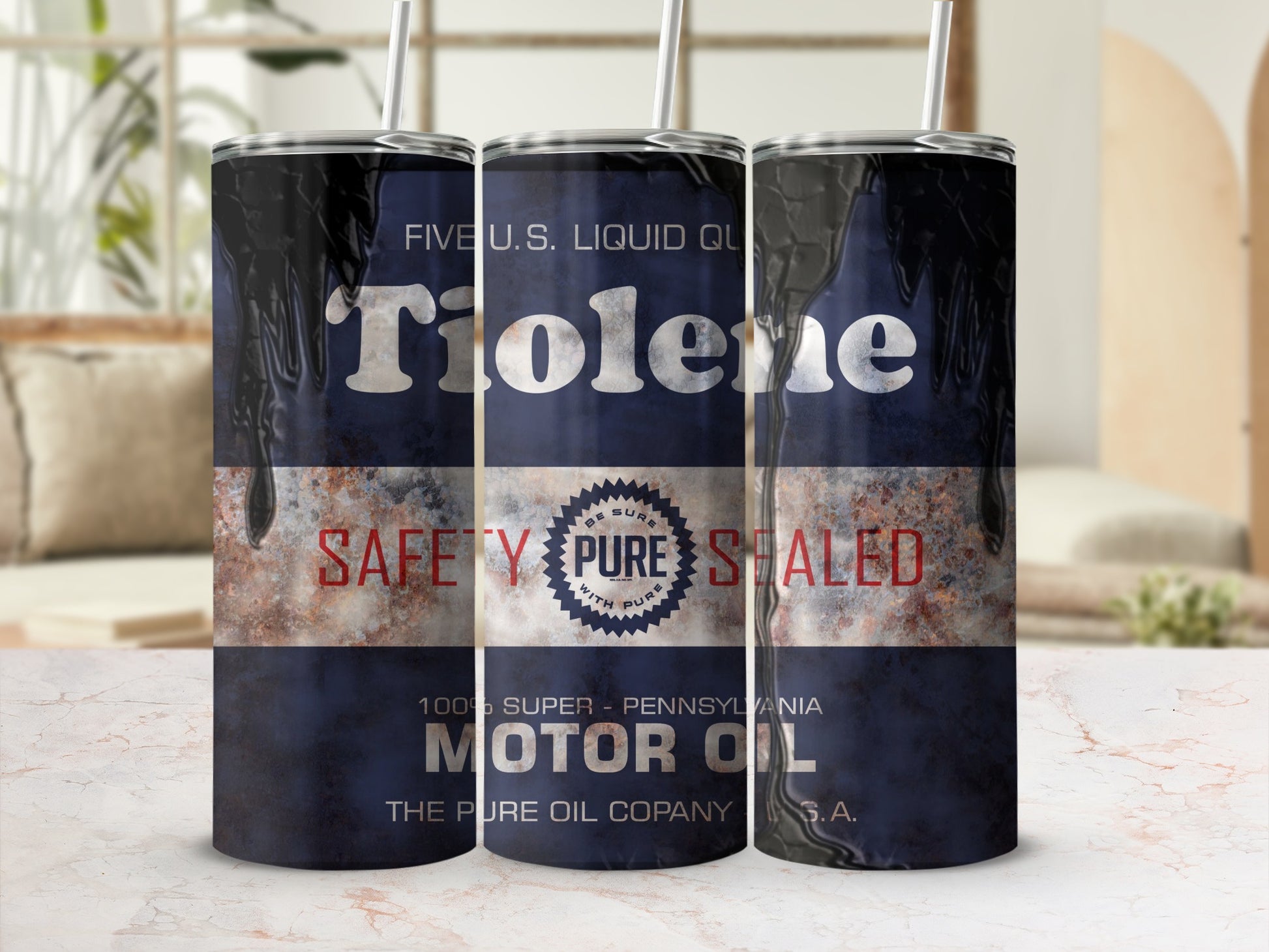 Tiolene brand motor oil tumbler with "Safety Pure Sealed" and "100% Super" text.