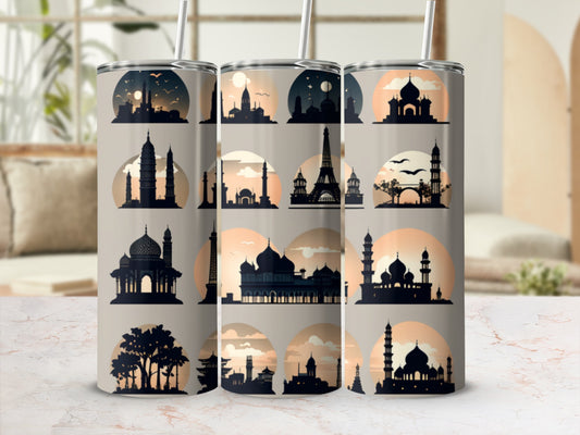 Tall tumbler with silhouettes of famous landmarks and cityscapes.