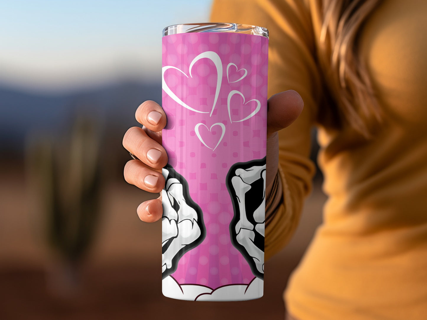 Pink Hearts Skeleton Hands Design Tumbler product