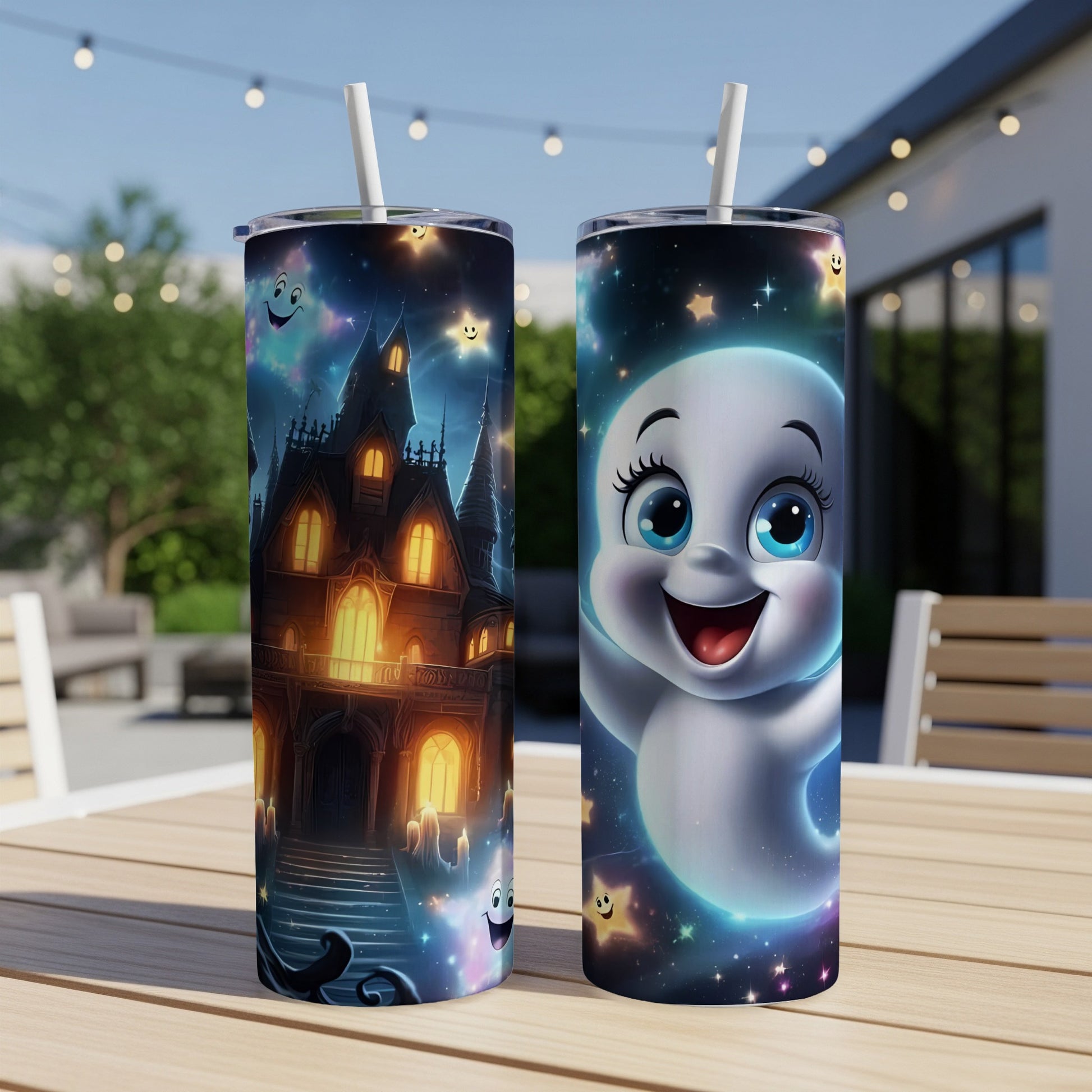 Two tumblers featuring Casper the Friendly Ghost and a haunted mansion.