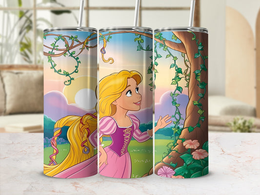 Rapunzel in a pink dress reaching for vines by a tree, with a sunset background.