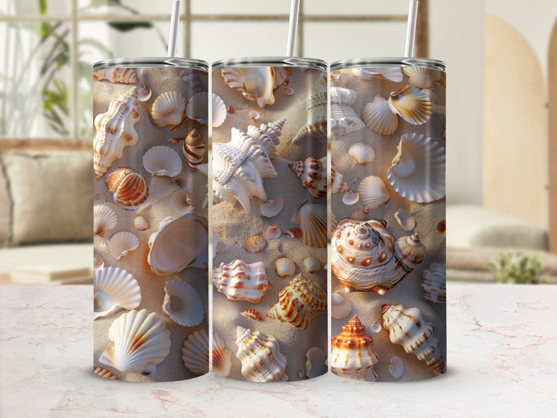 Triptych of beach scene with seashells and sand, two straws visible.