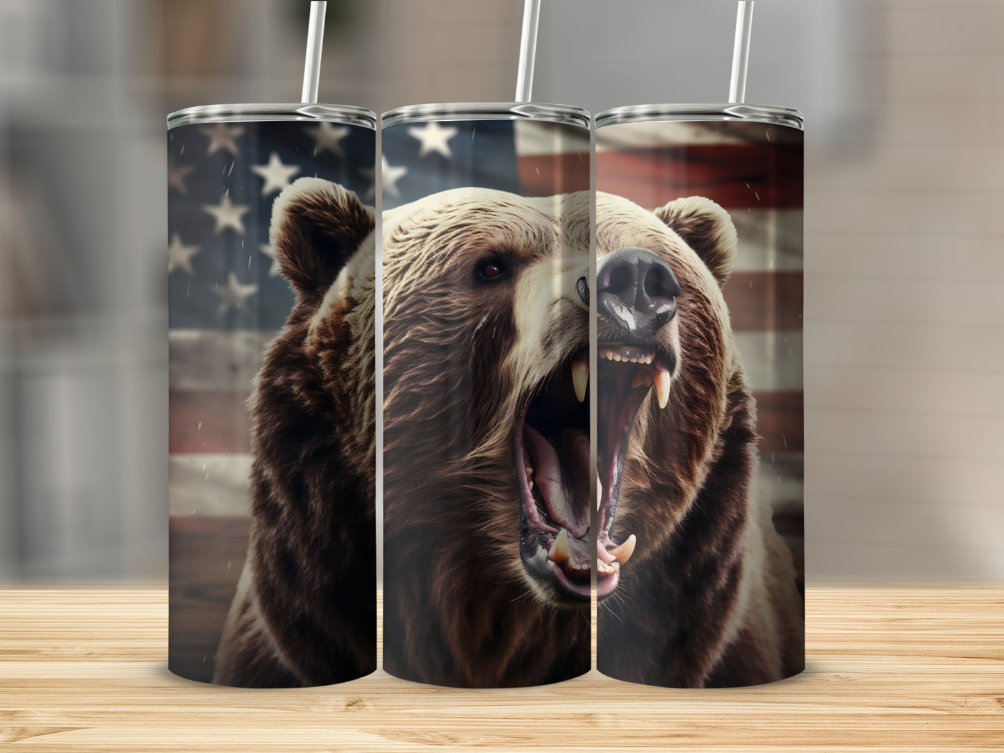 Angry bear with open mouth and American flag background on a tumbler.