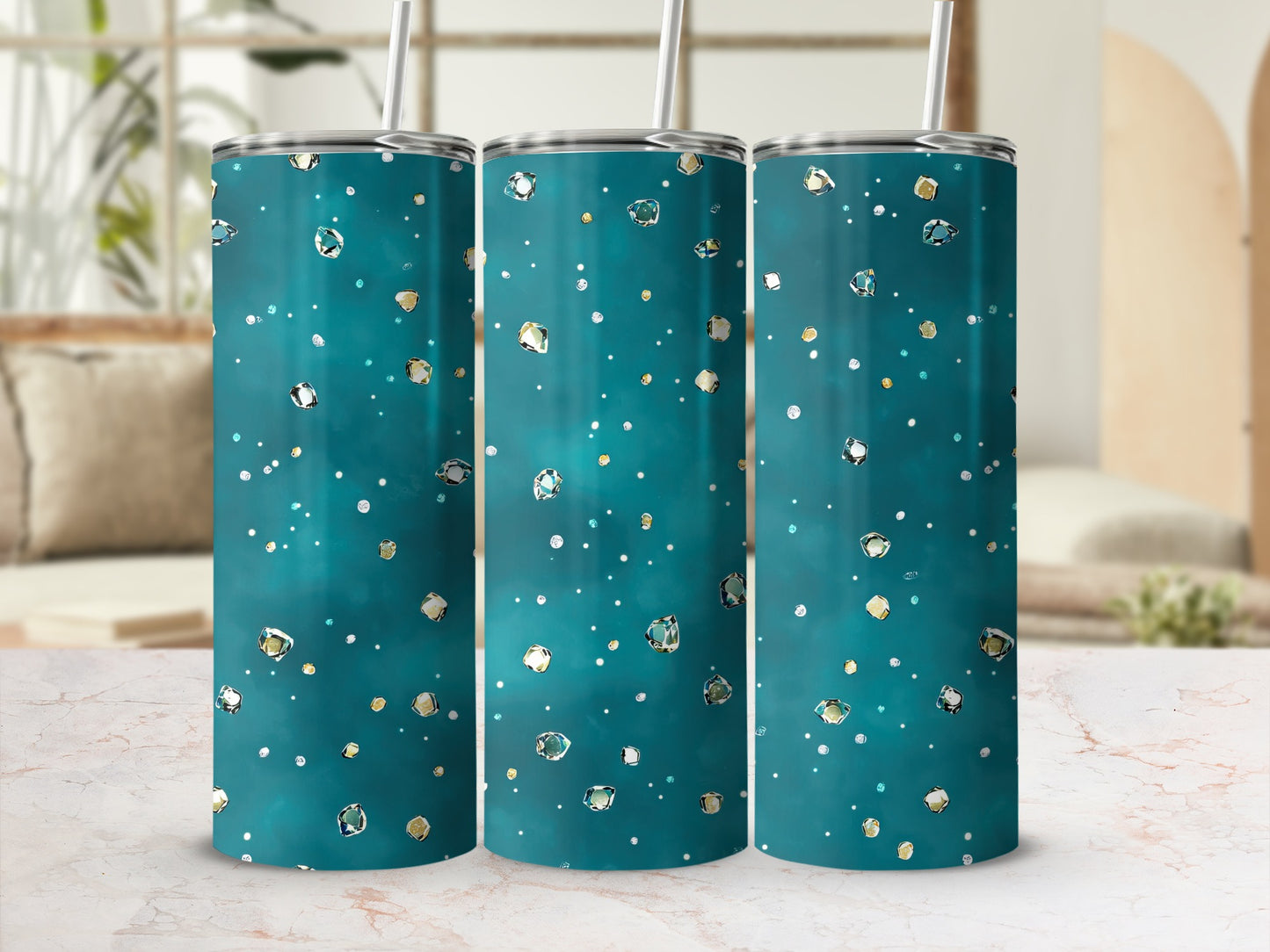 Sparkling Gems on Teal Surface Decorative Tumblers